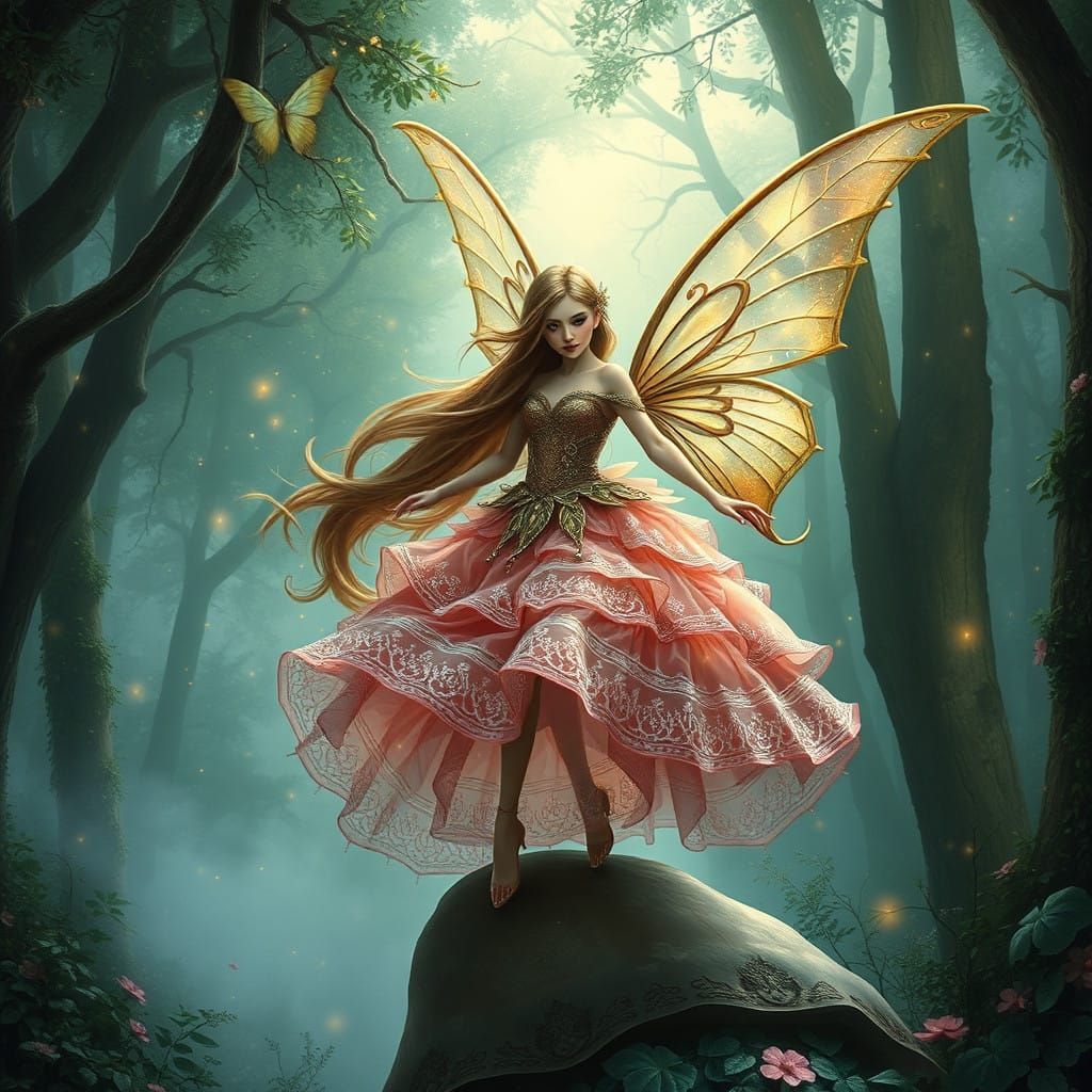 Fantasy Fairy Girl in Mystical Erdtone Finery Dances on a Br...