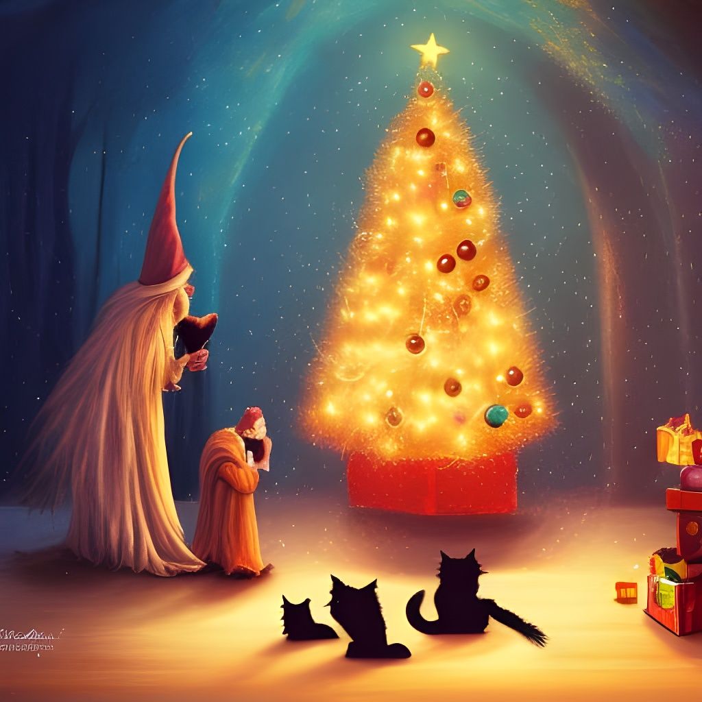 Magical Witch with Cats Under Christmas Tree