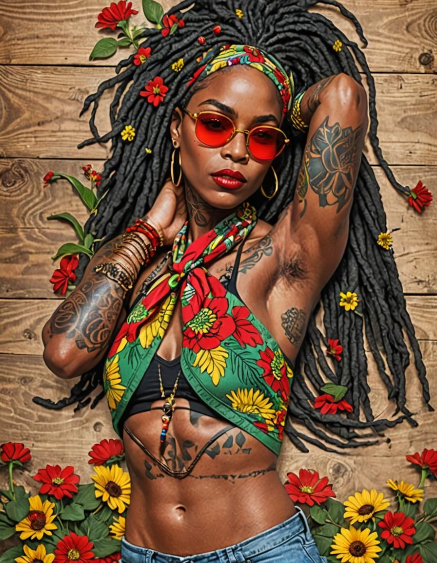 Strong Woman with Dreads and Floral Accents