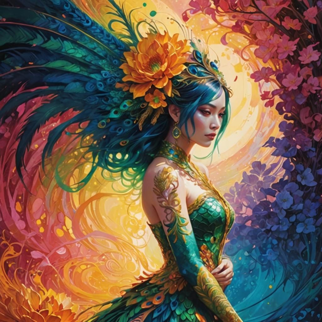 Dragon Peacock Woman in Abstract Expressionism
