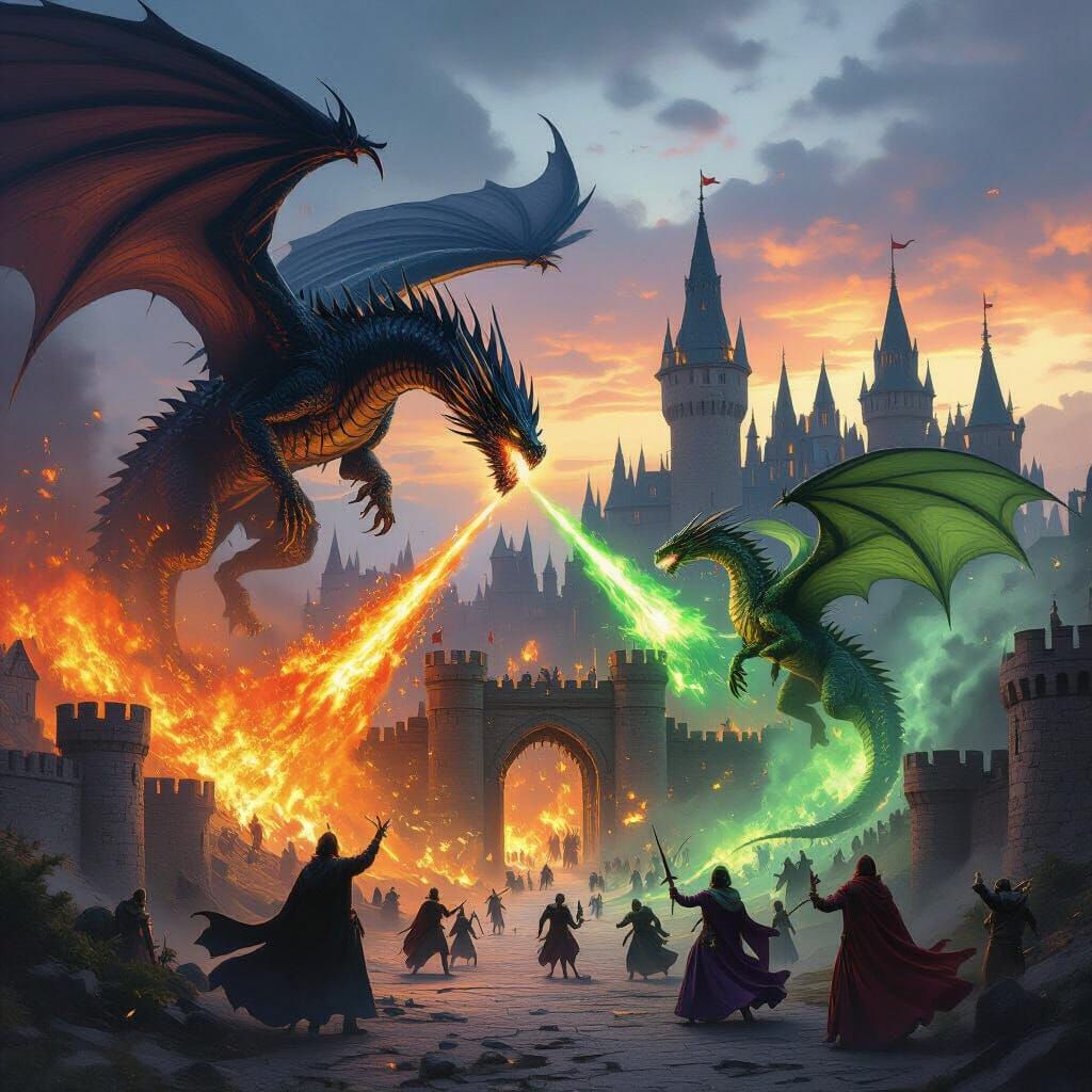 Dragons Attack 19th Century Castle at Dusk