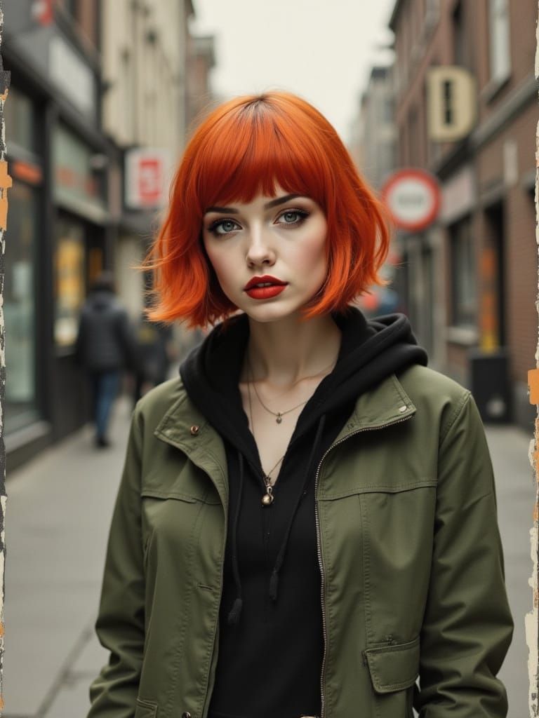 Woman in Green Jacket in City Alley