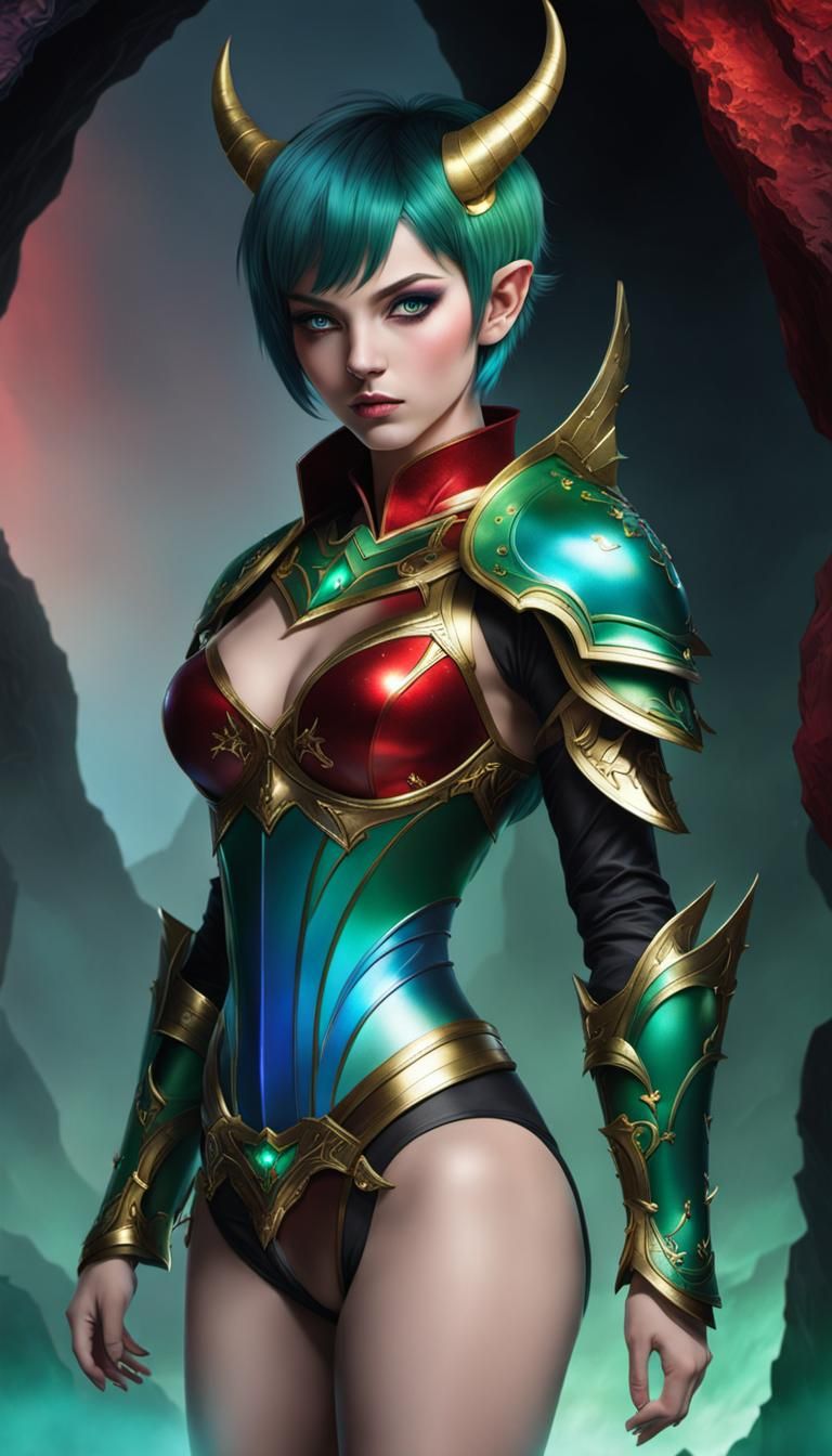 Sad Female Demon in Cave with Pearlescent Armor