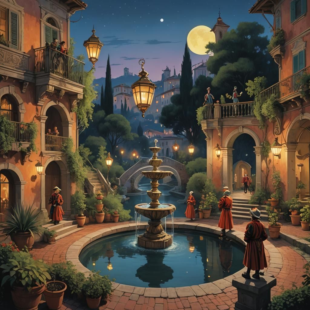 Commedia dell'arte Performers in Vintage Opera Poster Style