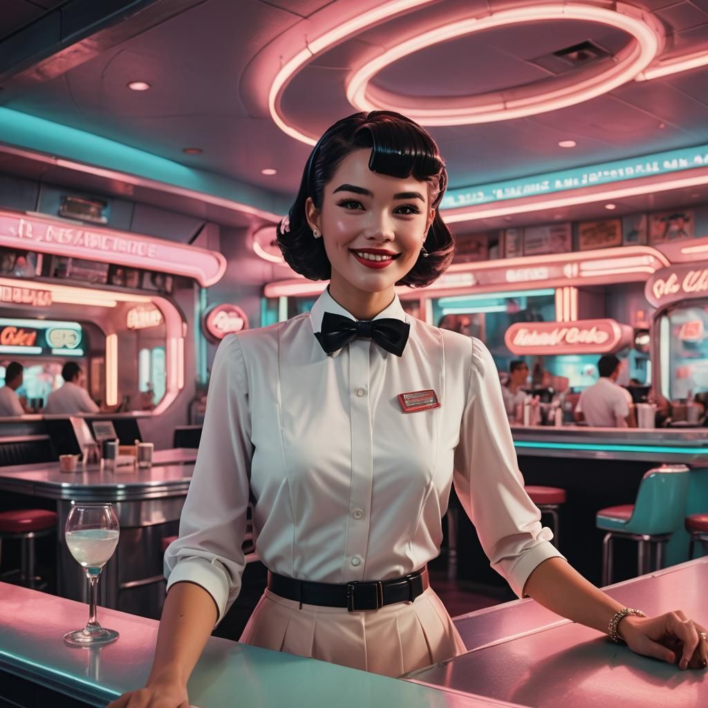 Retro-Futuristic Waitress in a Neon-Lit Diner