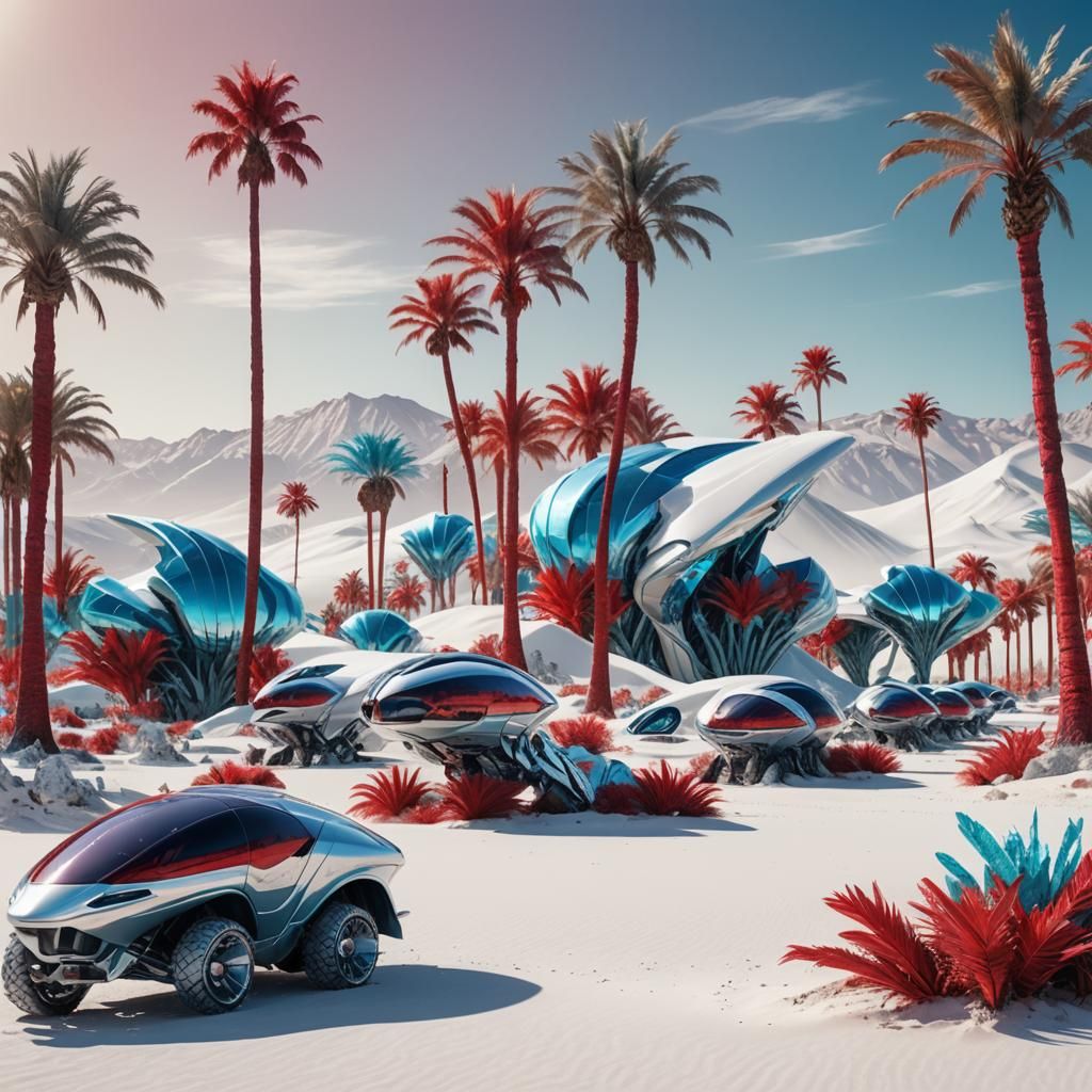 Crystal Alien Vehicles in White Desert Landscape