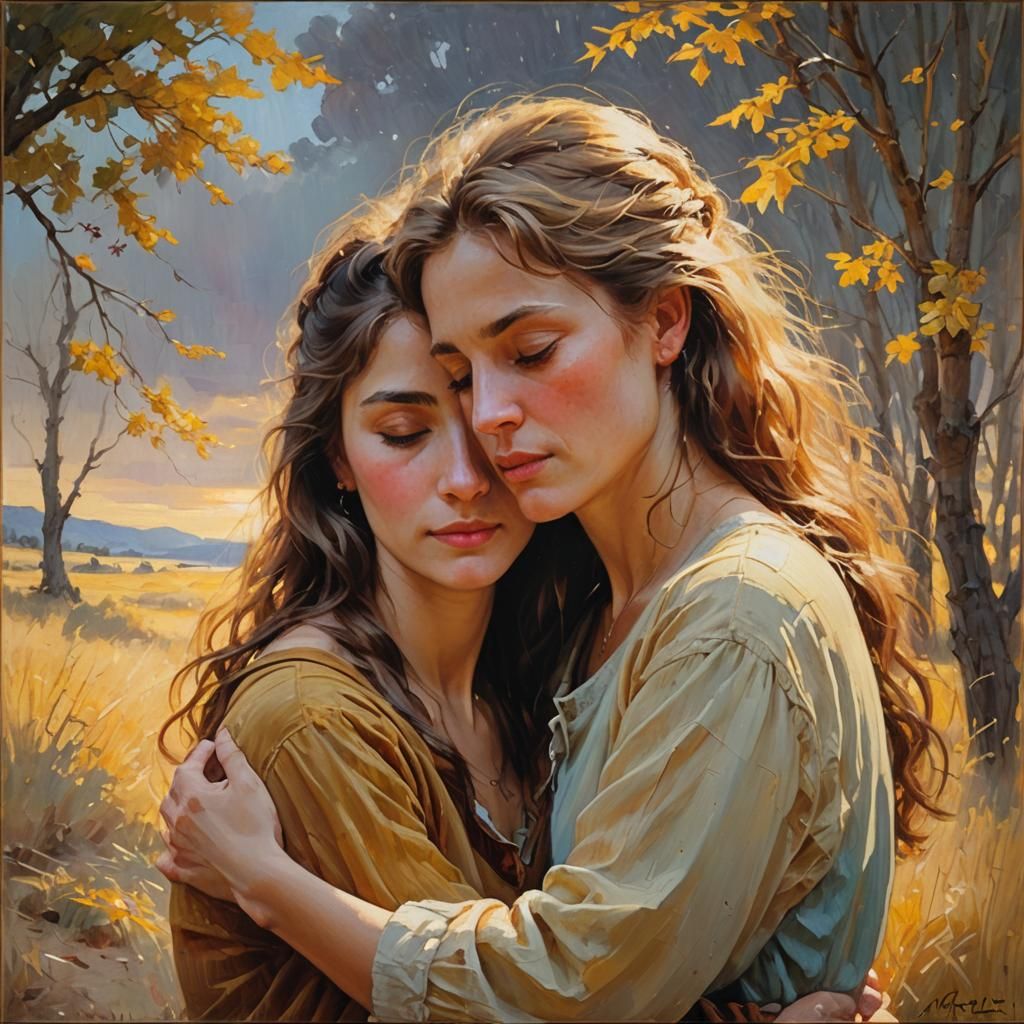 Romantic Embrace: Oil Painting in Impressionist Style