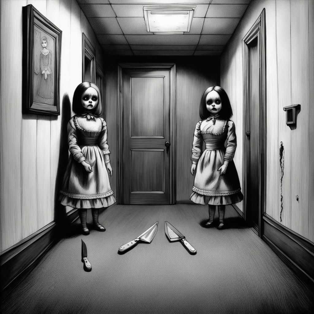 Creepy Identical Dolls in Hotel Hallway, Charcoal Drawing