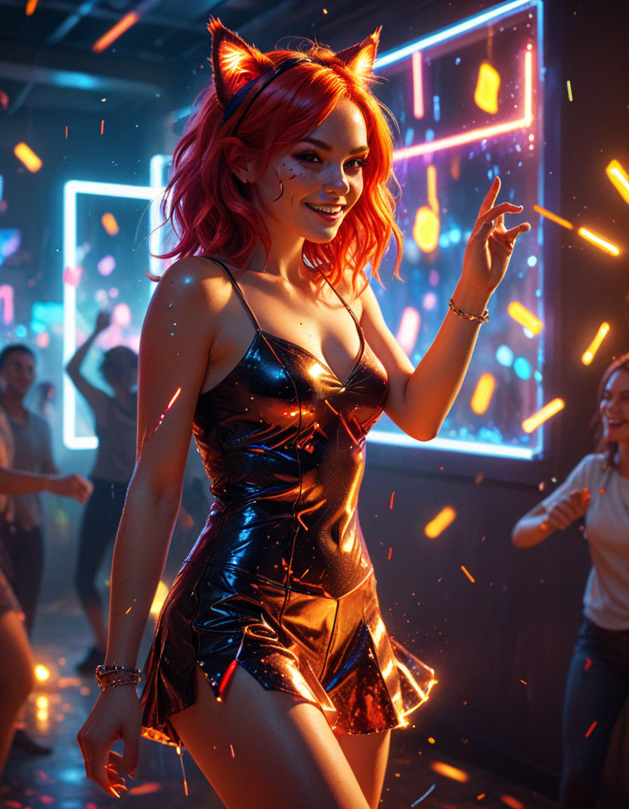 Dancing Woman in Vibrant Red Hair and Cat Ears with Glowing...