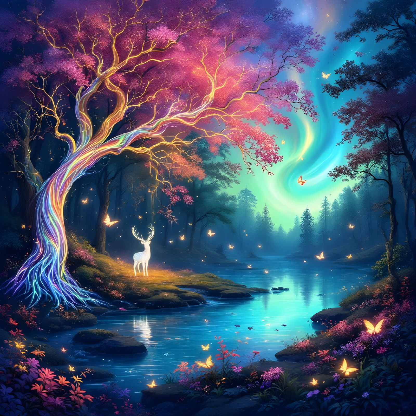 Surreal Forest of Glowing Light and Energy