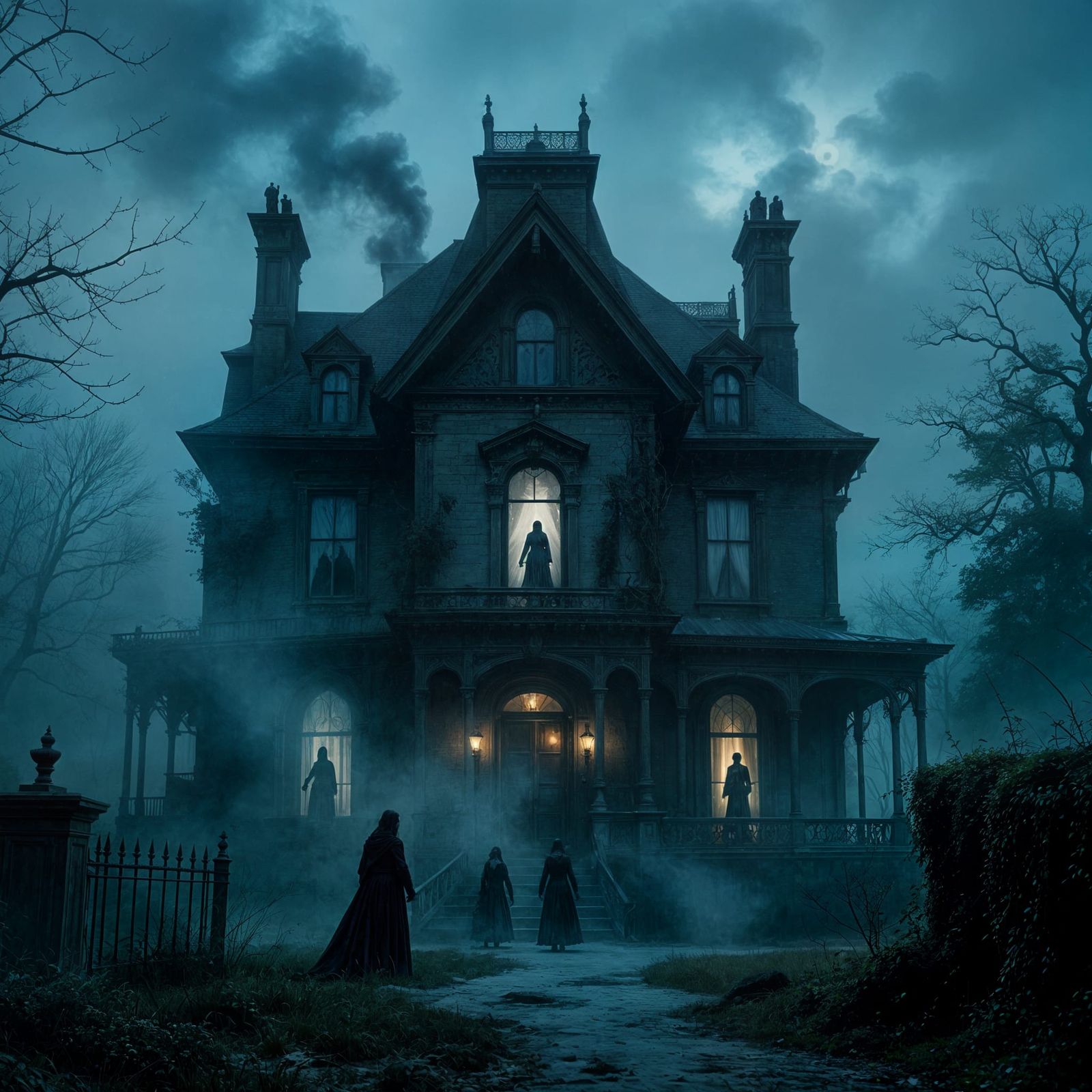Haunted Victorian Mansion in Mist, Gothic Horror Style