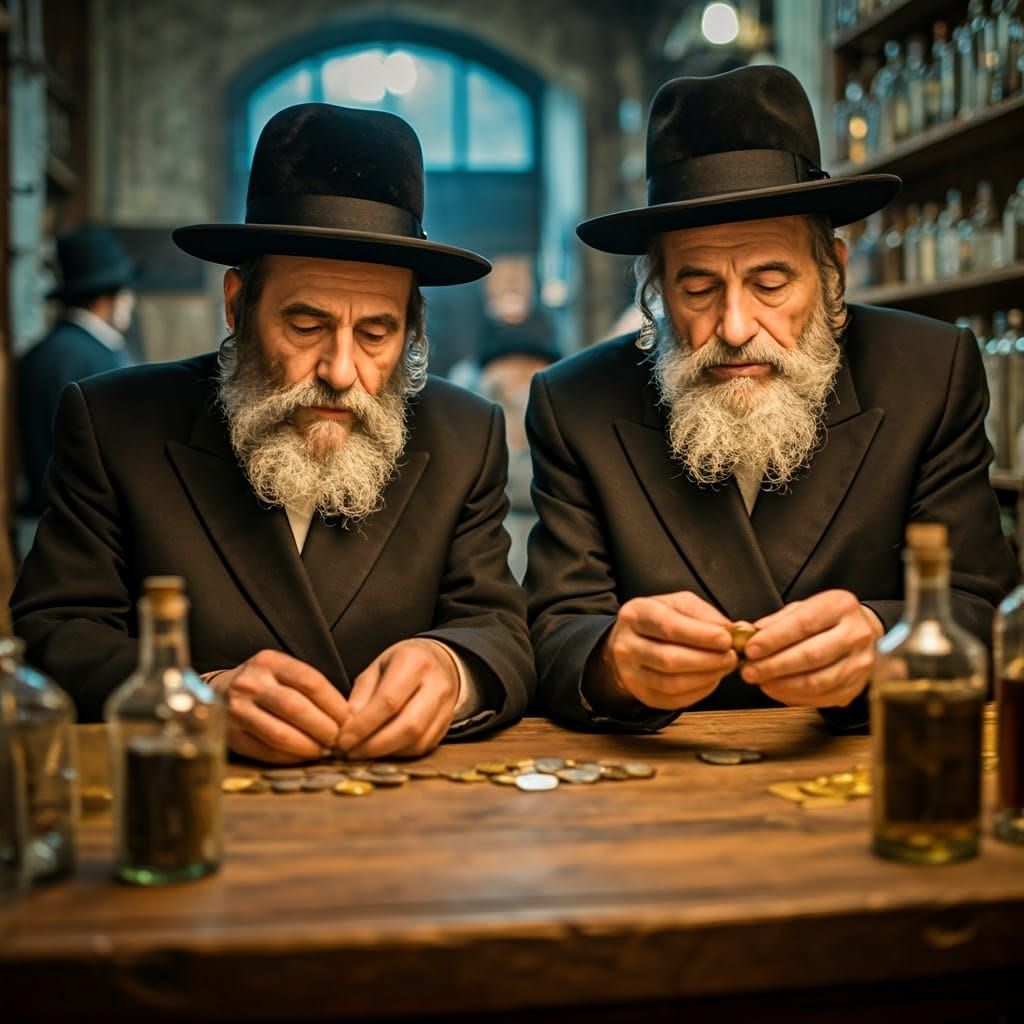 Two Hasidic men in a shtetl shop, meticulously counting gold and silver coins. Photo 3