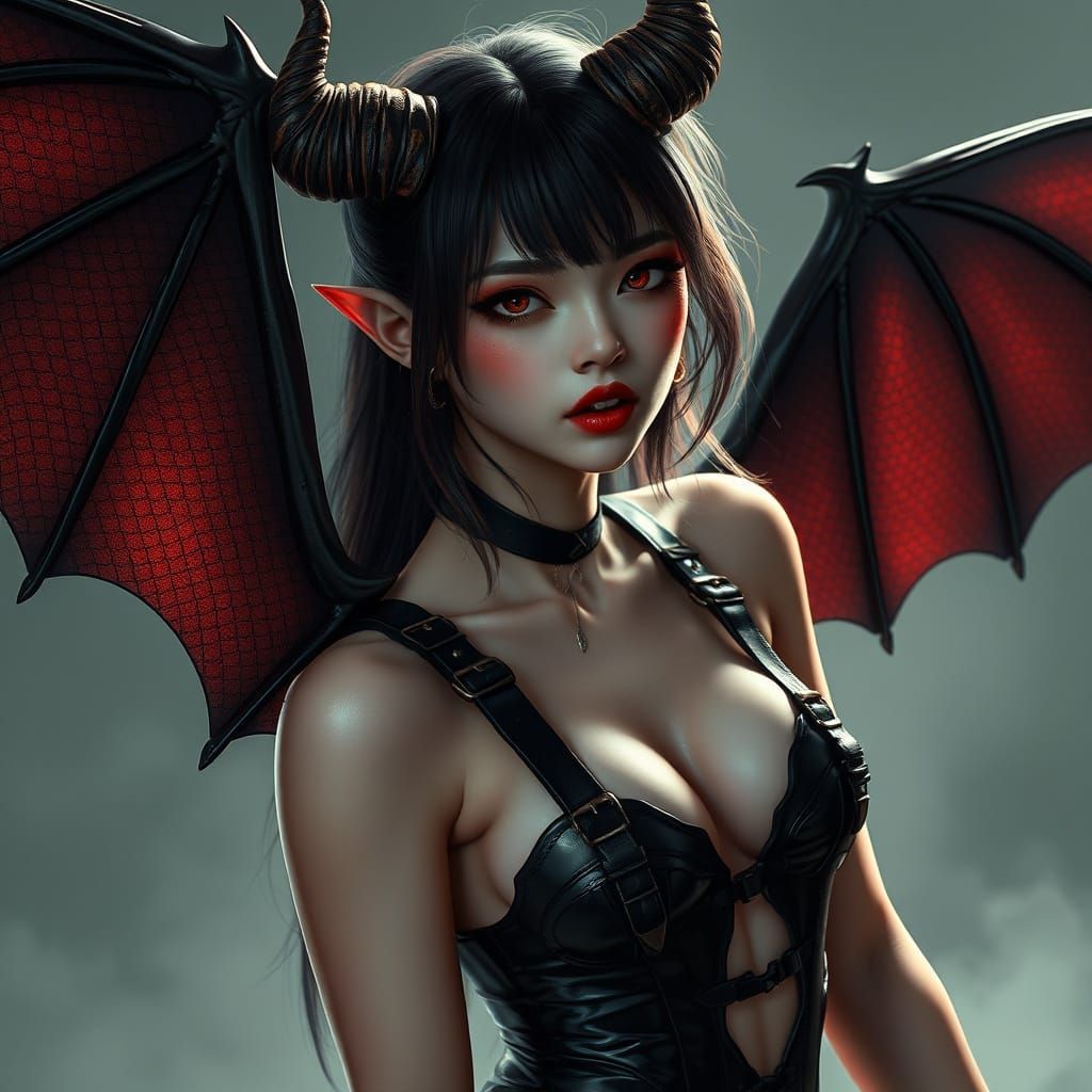 Flirty Demoness with Bat Wings in Manhwa Style