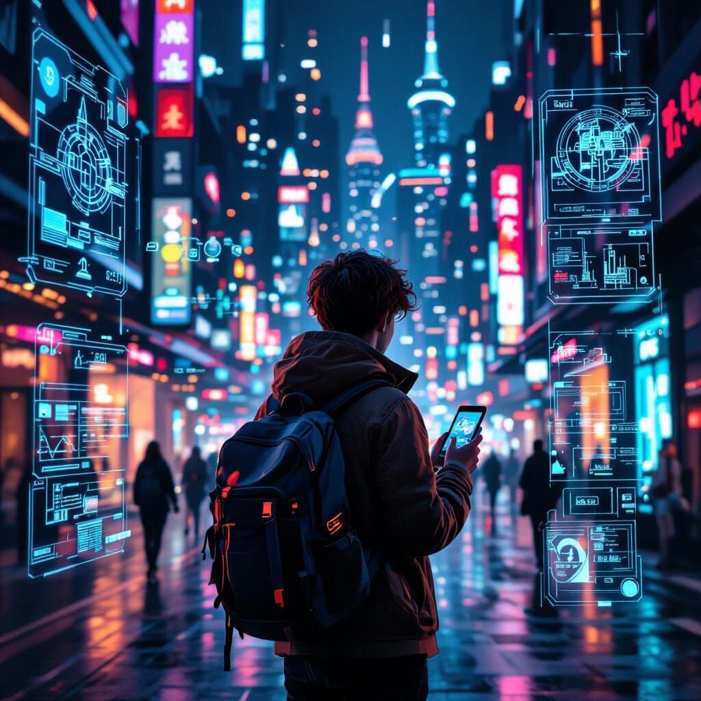 Traveler Navigates Futuristic City with Digital Map