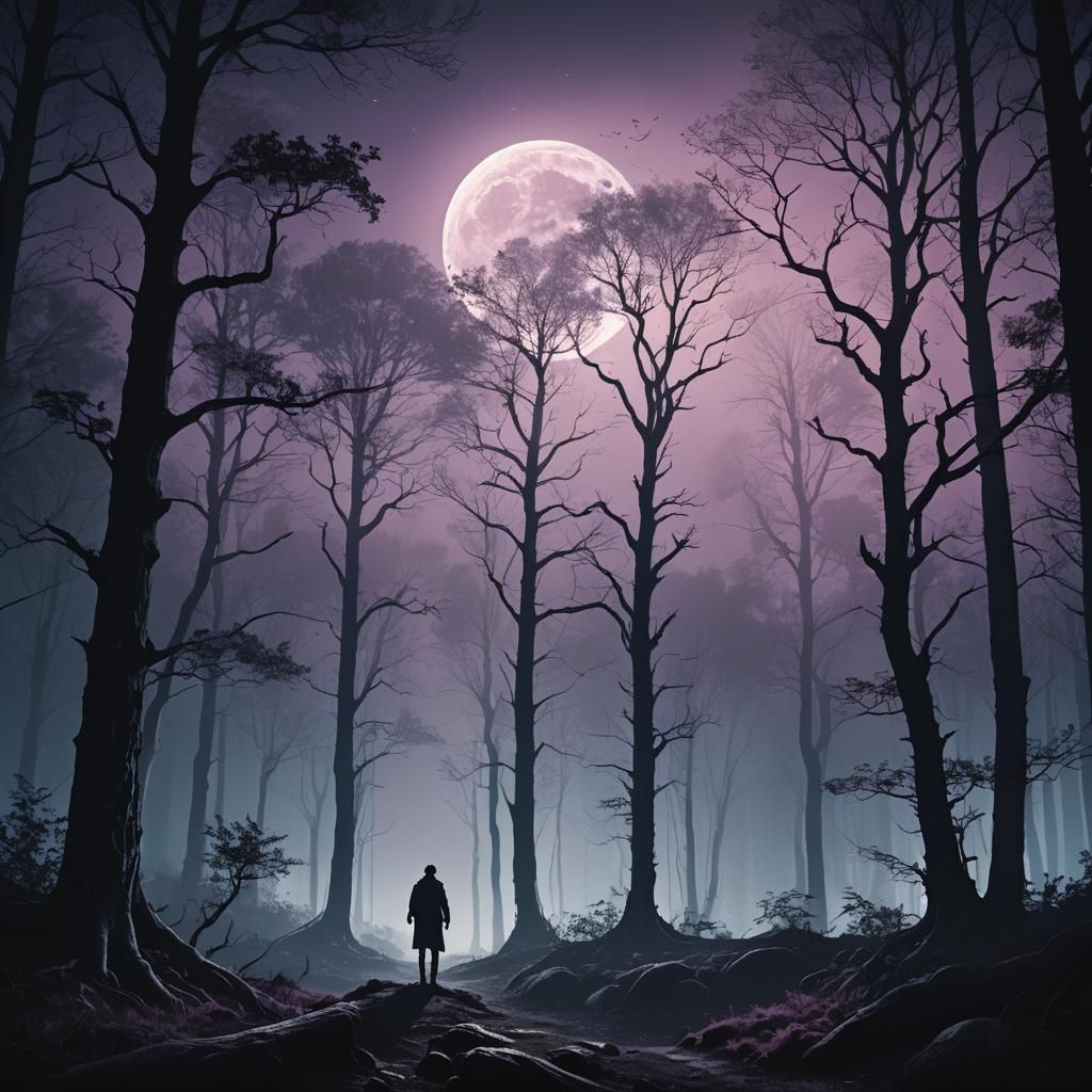 Mystical Forest at Night in Digital Painting Style