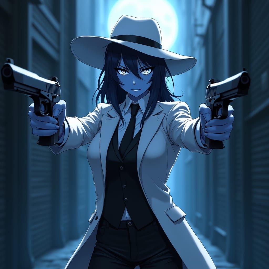 Anime Woman with Pistols in Moonlit Alley