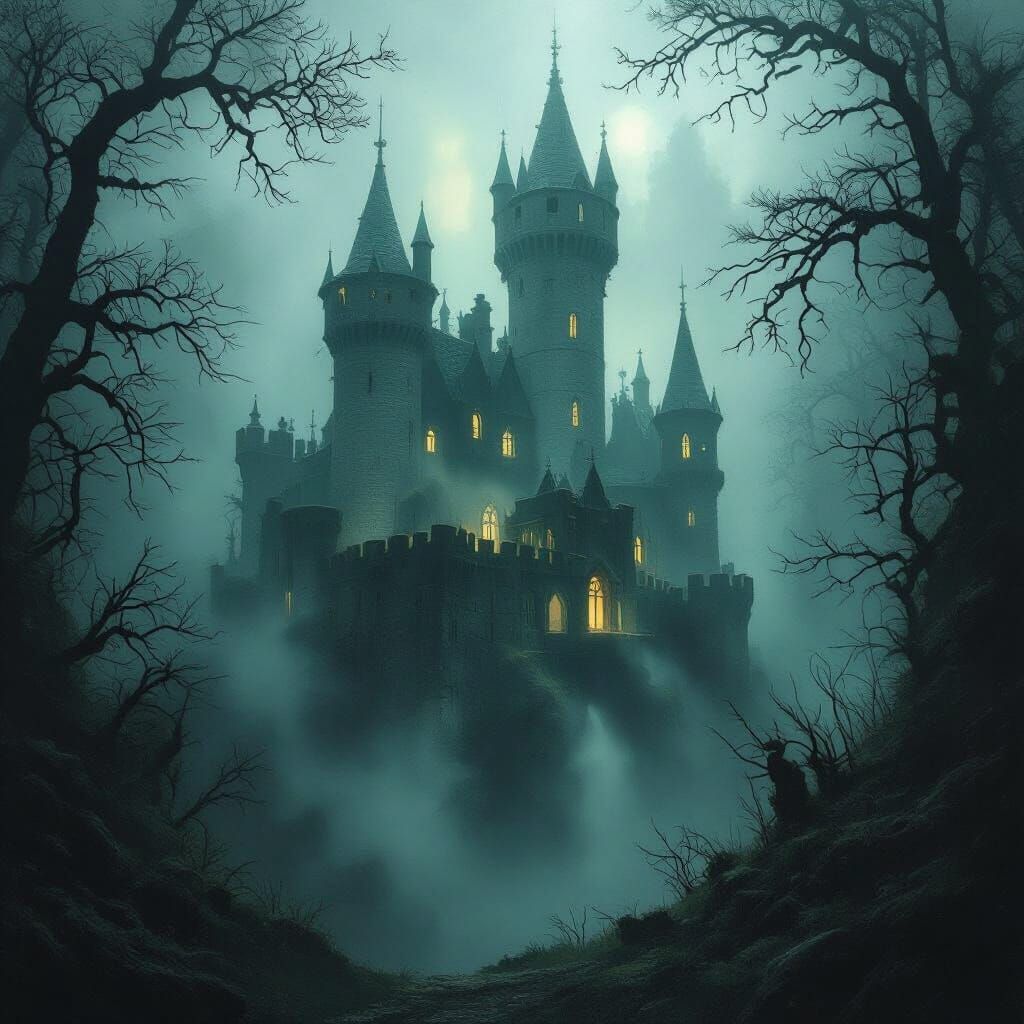 Mysterious Ancient Castle in Misty Forest