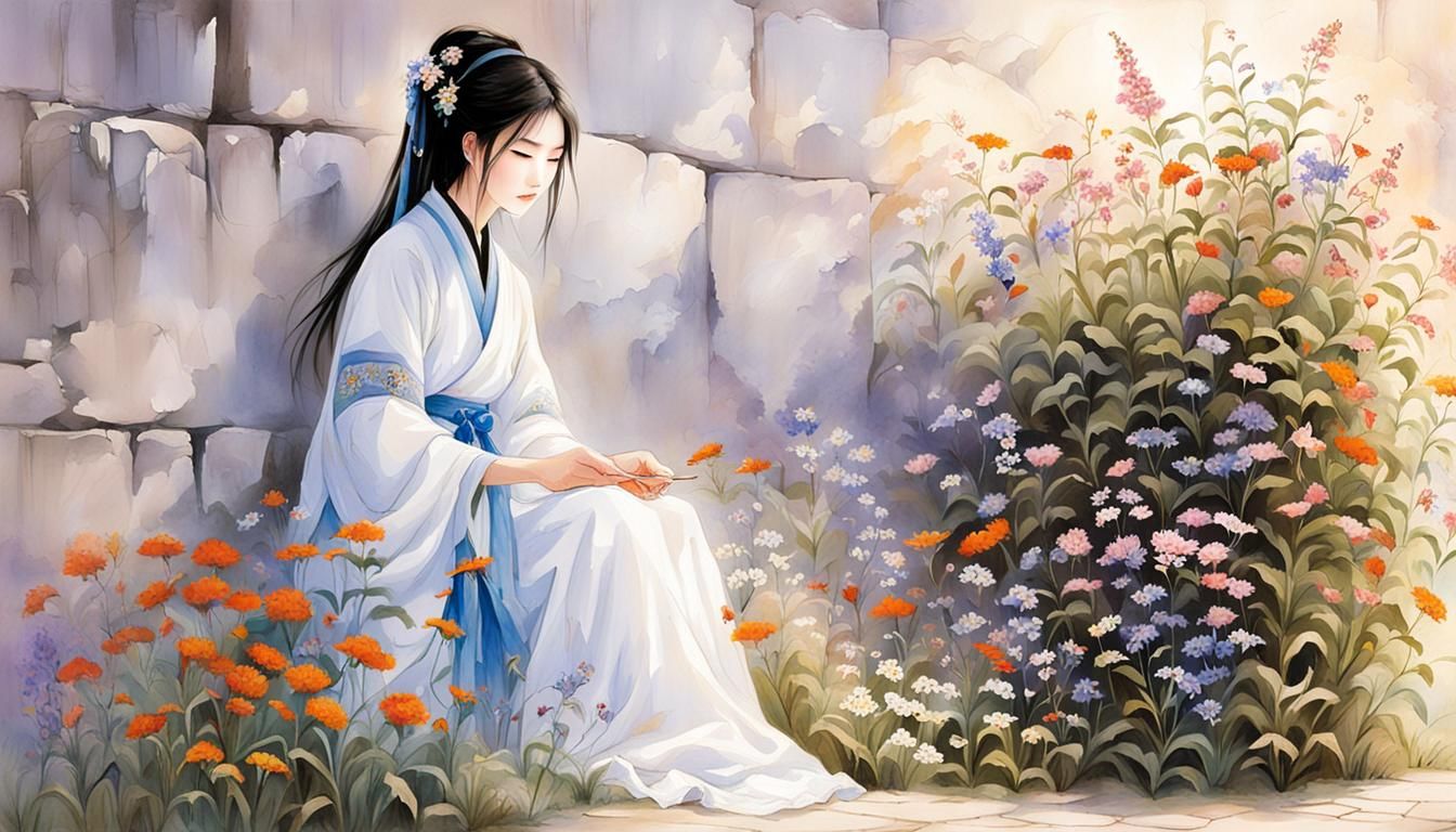 Young Woman Arranges Wildflowers in Anime Style