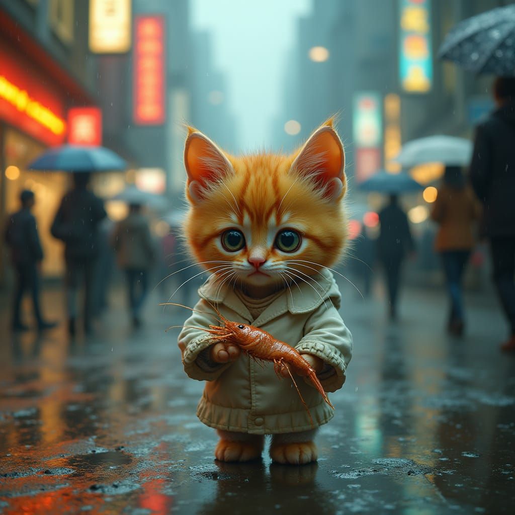 Golden Kitten in Rainy City Street Scene