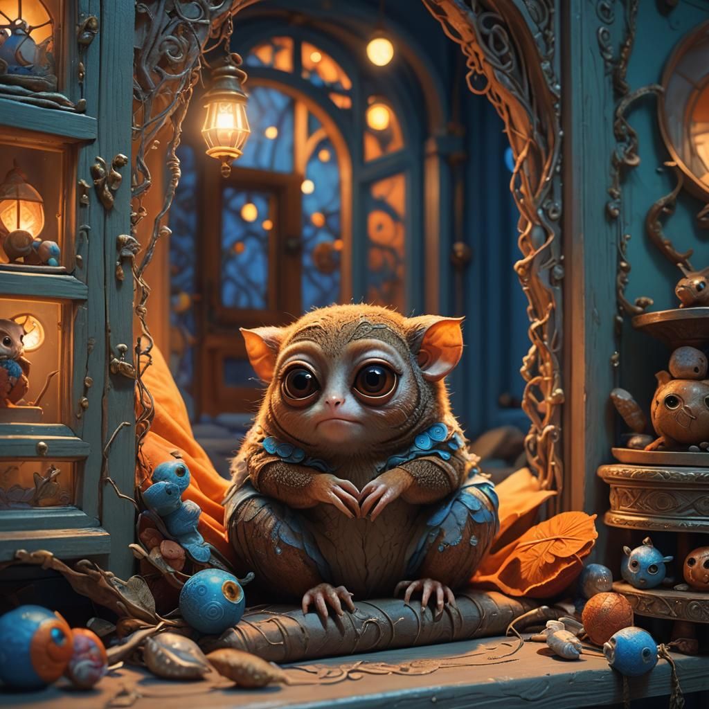 Tarsier Stares at Sleeping Girl: Fantasy Concept Art