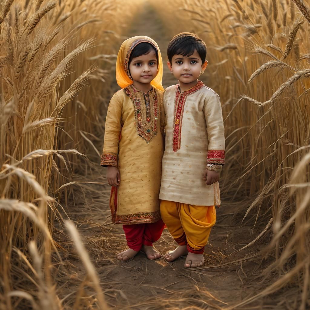 Baby in Punjabi Dress Amidst Golden Wheat Field