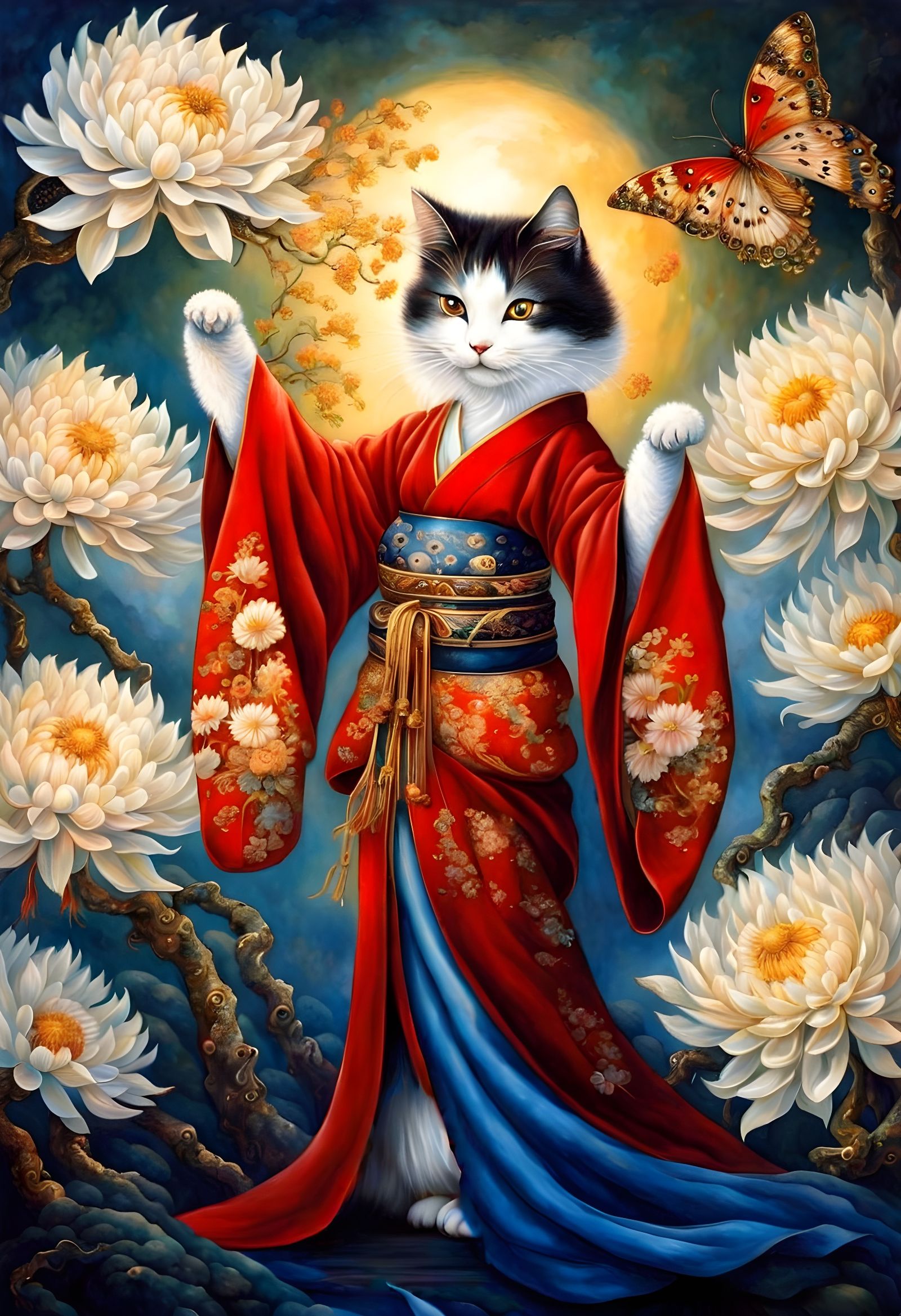 Dancing Geisha Cat in Elegant Kimono