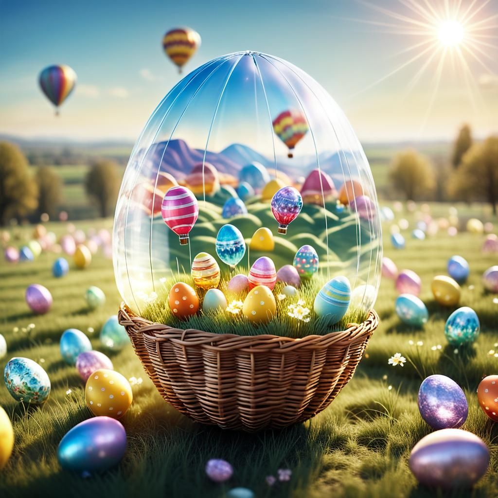 Easter-Egg Crystal style sun shining on an Easter-Egg-shaped-hot-air-balloon...