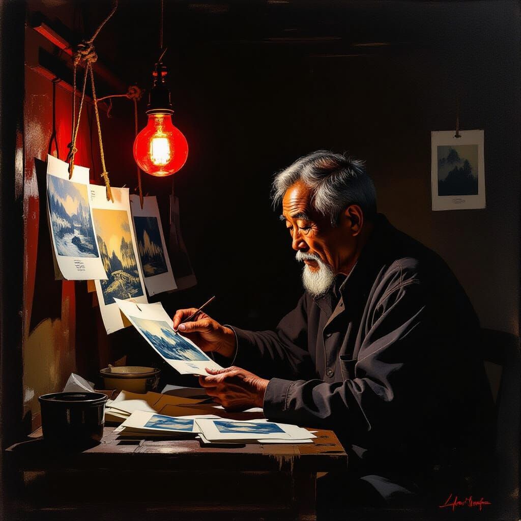 Man Developing Photos in Red Light