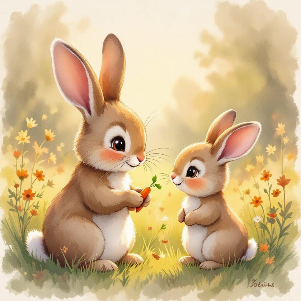 Mama Bunny Tenderly Gives Carrot Seed to Benny