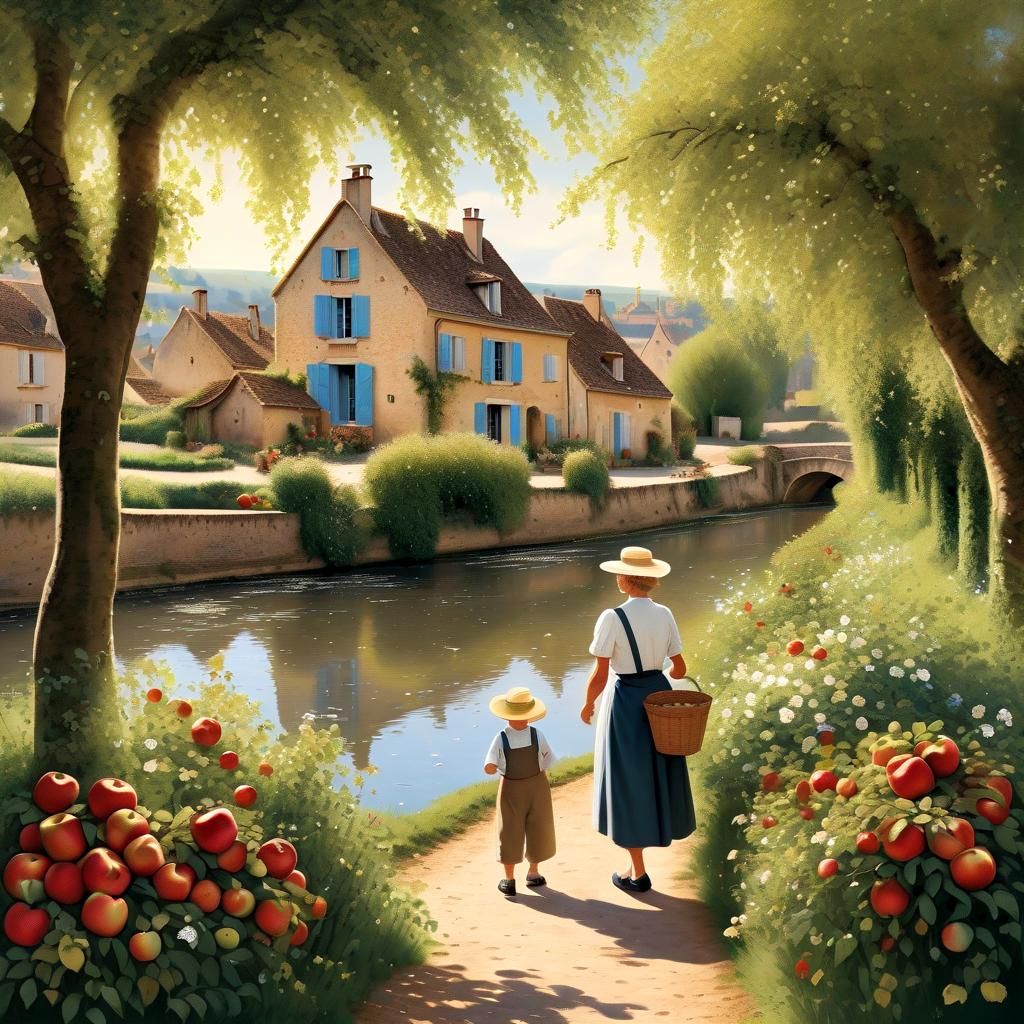 French Village Scene with Woman and Child