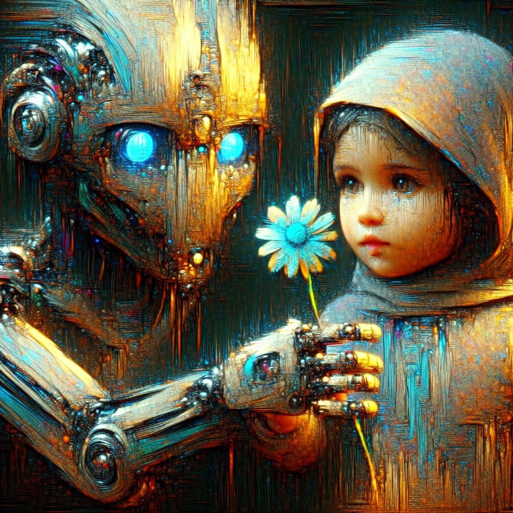 Impasto Robot Fairy Offers Gift to Curious Middle-Eastern Gi...