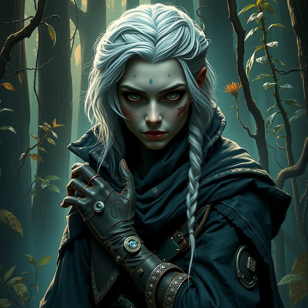 Mystical Herbalist in Eerie Forest Digital Painting