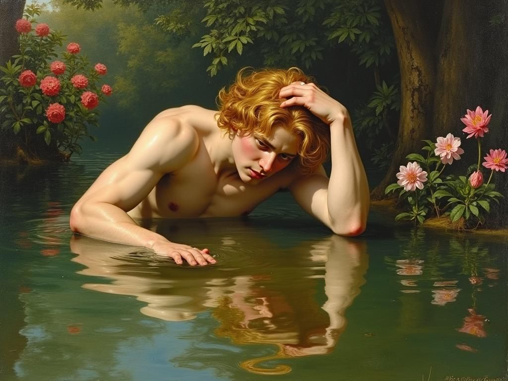 Narcissus Captivated by Reflection: Baroque Oil Painting