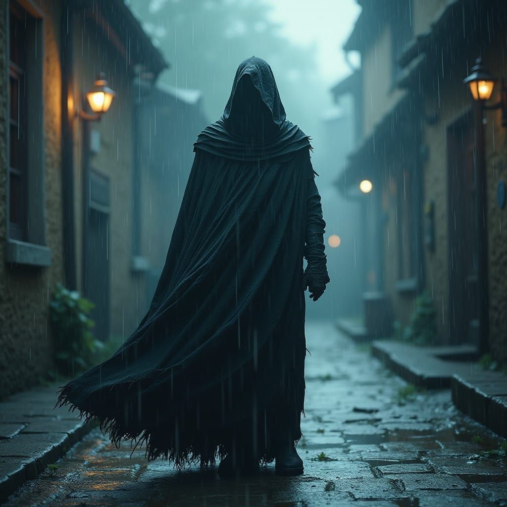 Mystical Figure in the Rain, Dark Cloak, High-Fantasy Concep...
