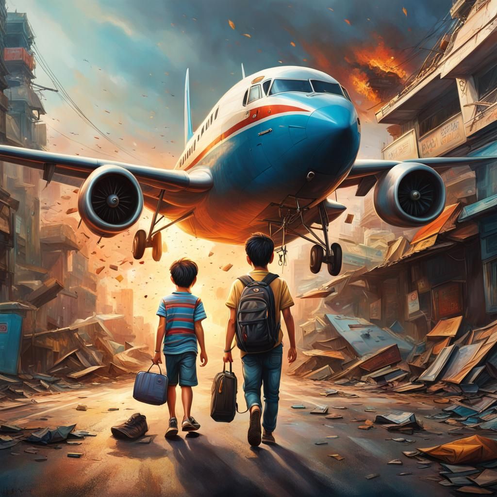 Dramatic Bangkok Scene: Boy, Street, and Plane Crash