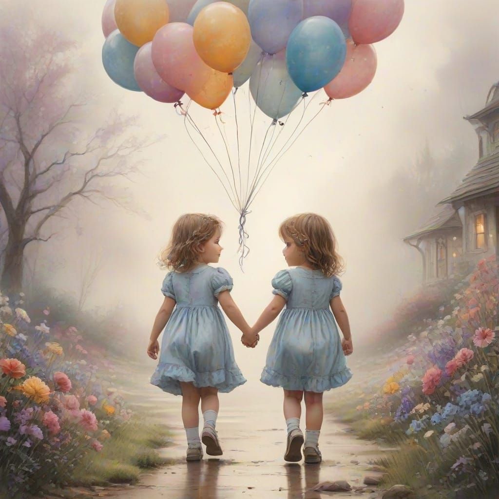 Ethereal Watercolour Twins Holding Balloons Amidst Flowers