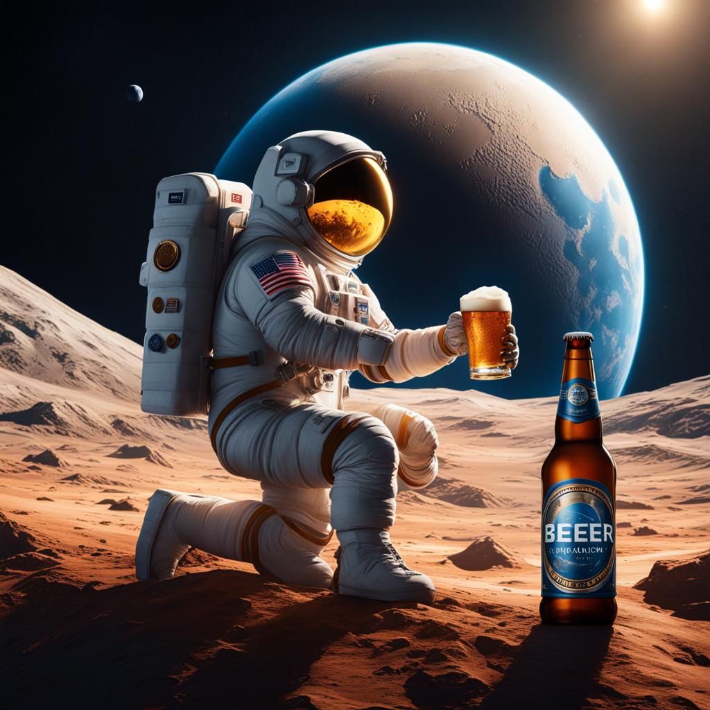 Astronaut Beer Ad on Moon with Earth Rise