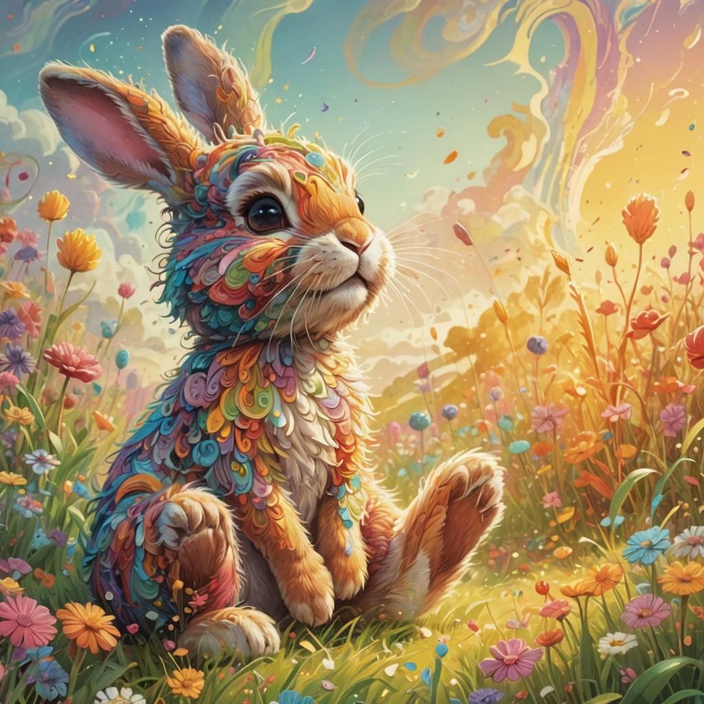 Pixar Bunny in Colorful Field, Abstract Fractal Art