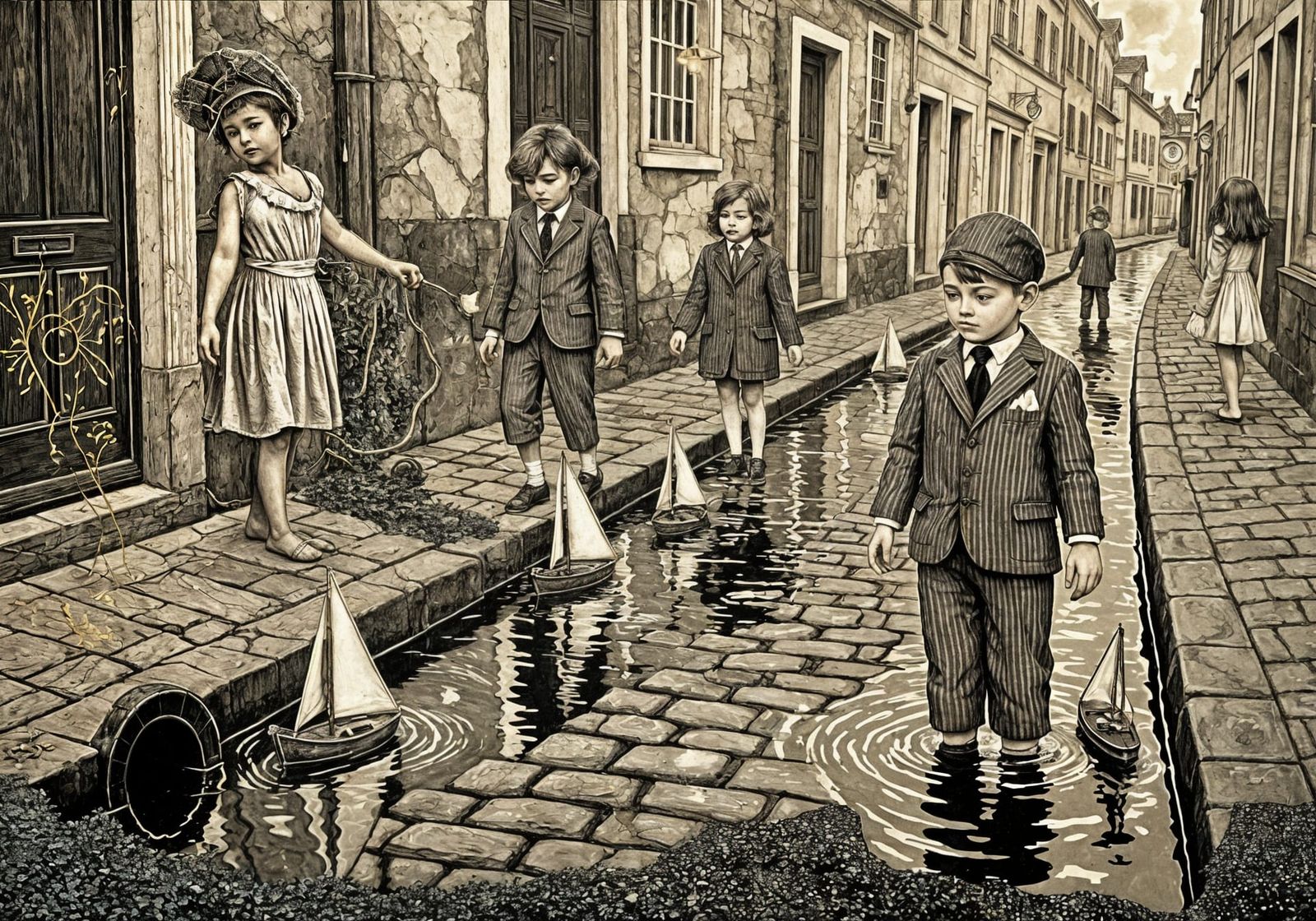 Children's Sailboats in Flooded Street, Tempera Style