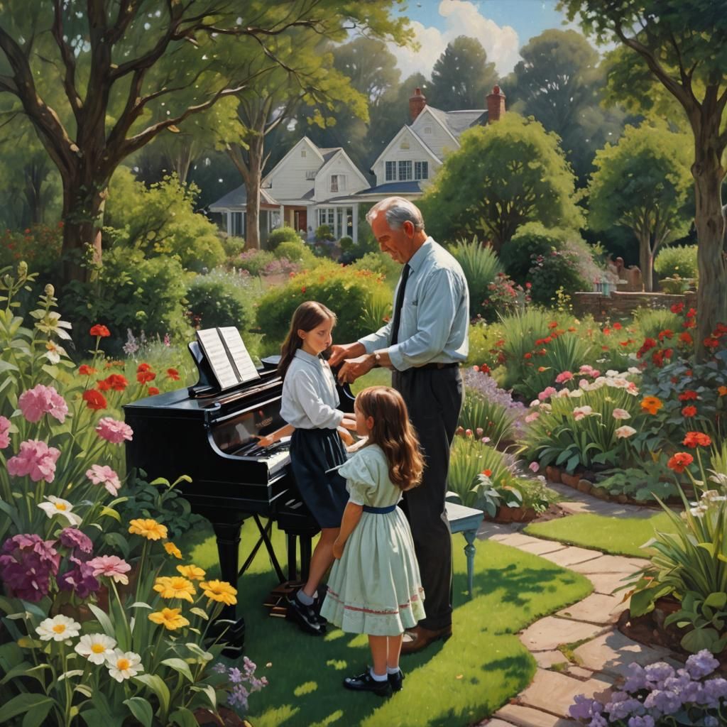Girl and Father Playing Piano, Oil Painting