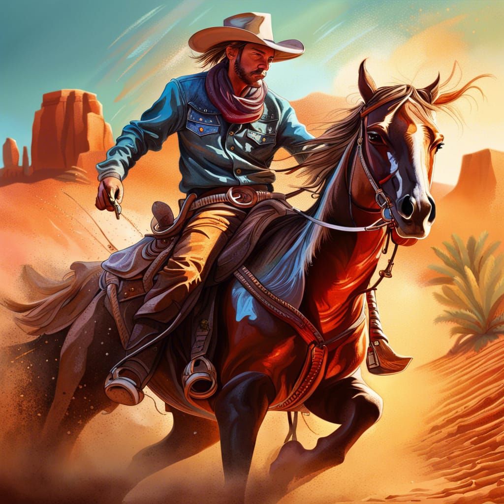 Hyperrealistic Cowboy Rides Horse in Desert Landscape