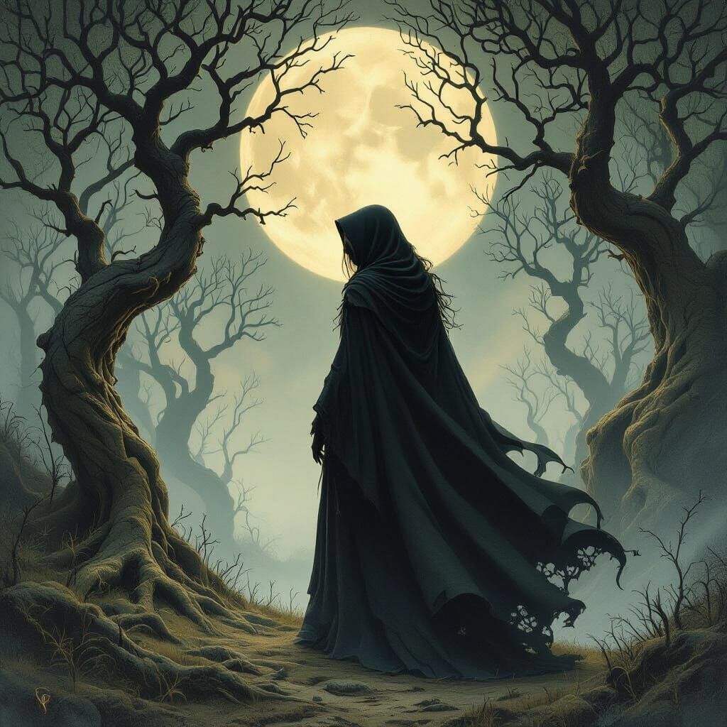 Solitary Witch in Moonlit Forest, Dark Fantasy Concept Art