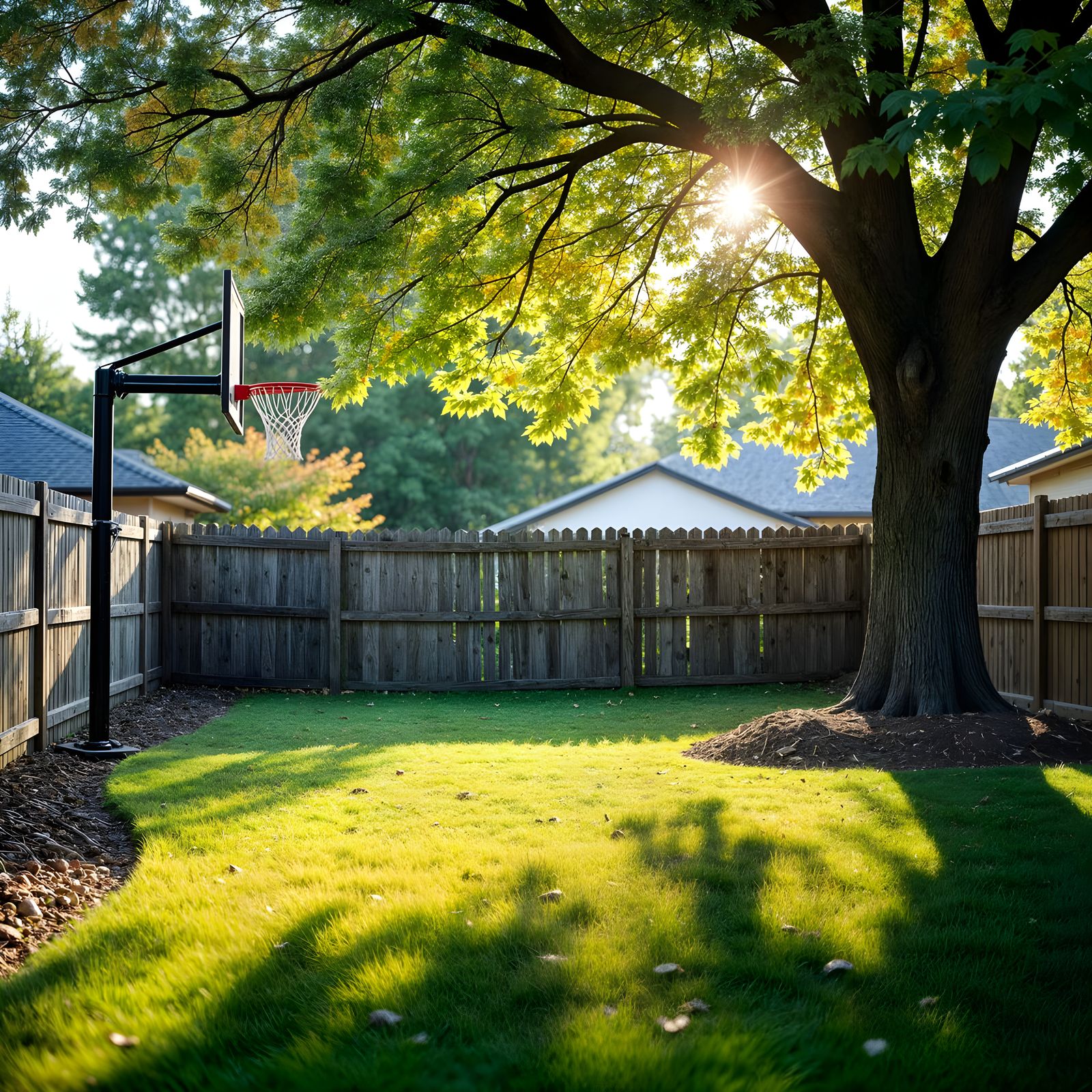Backyard Scene with Fallen Fence and Colorful Tree