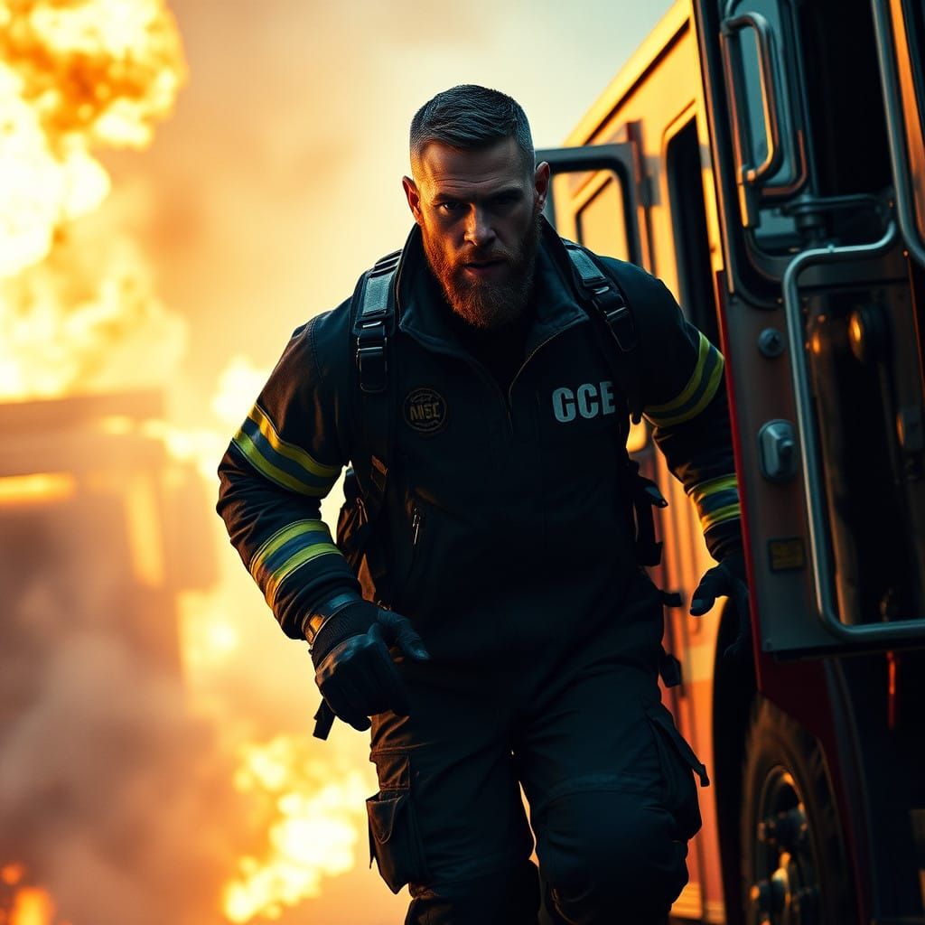 Heroic Firefighter Leaps into Action with Fire Engine