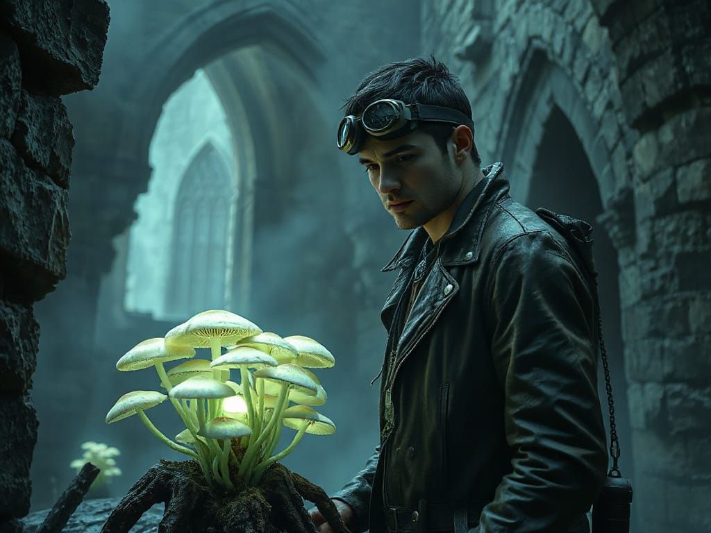 Futuristic Explorer Discovers Glowing Mushrooms in Ancient R...