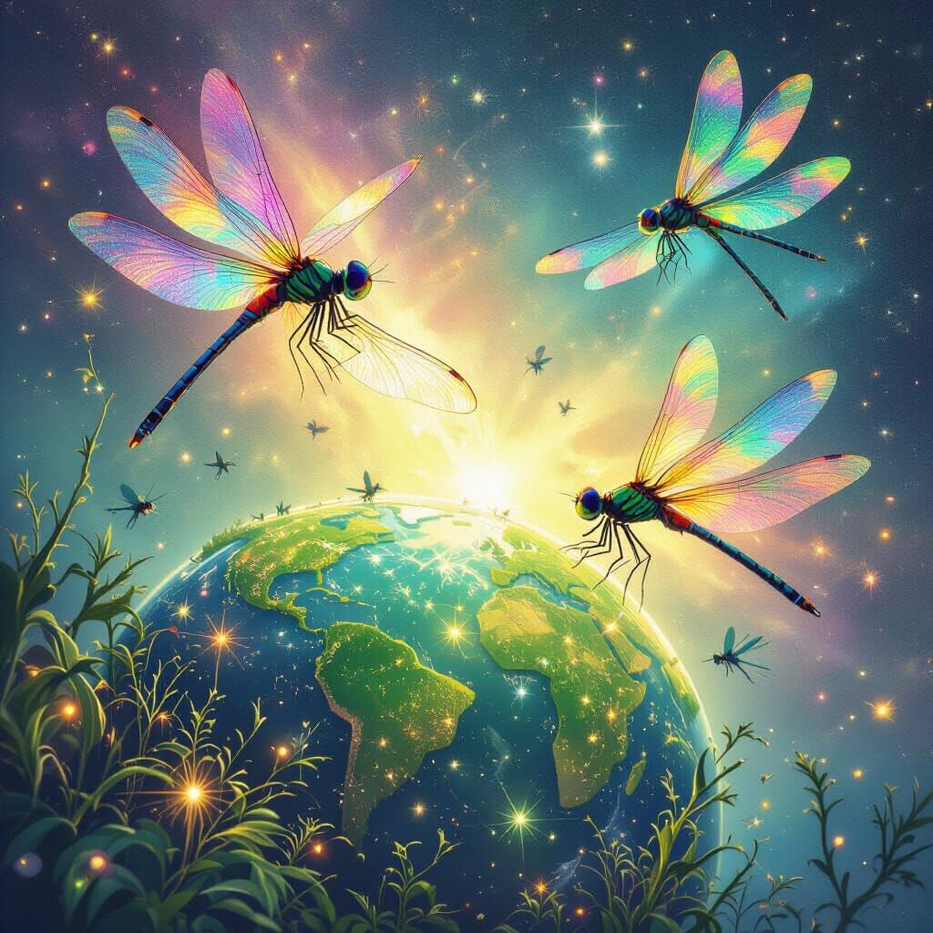 Dragonflies in Radiant Galaxy Above New Earth