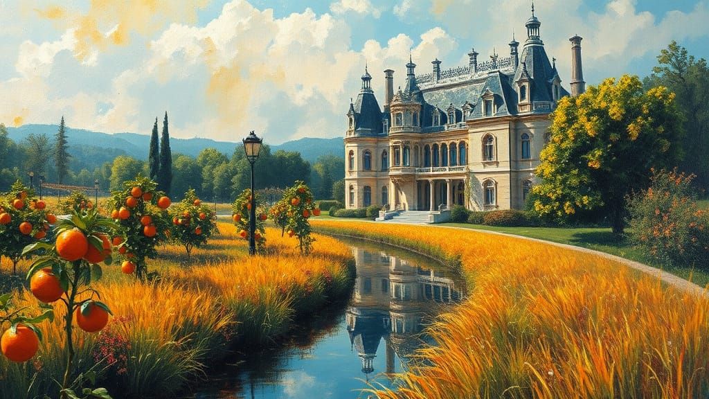 Luxury Chateau and Orange Farm in Neo-Impressionism