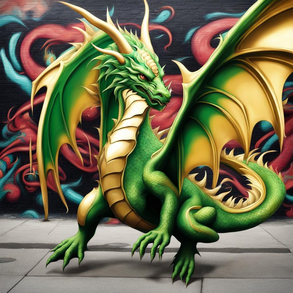 Green and Gold Dragon in City Graffiti