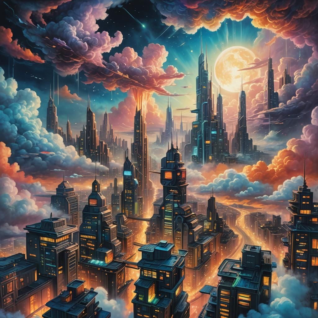 Futuristic City in the Clouds: Color Pencil Oil Painting