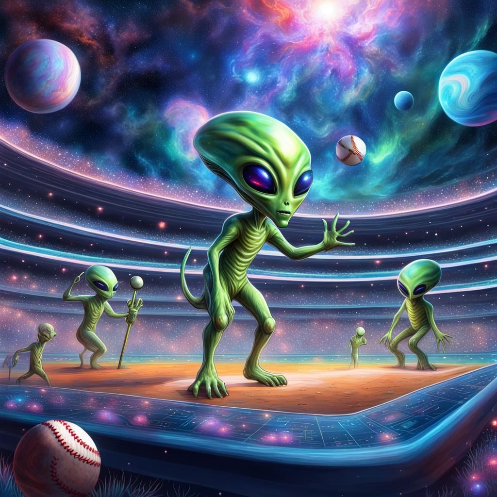 Alien Baseball Game in Space: Pablo Amaringo Style